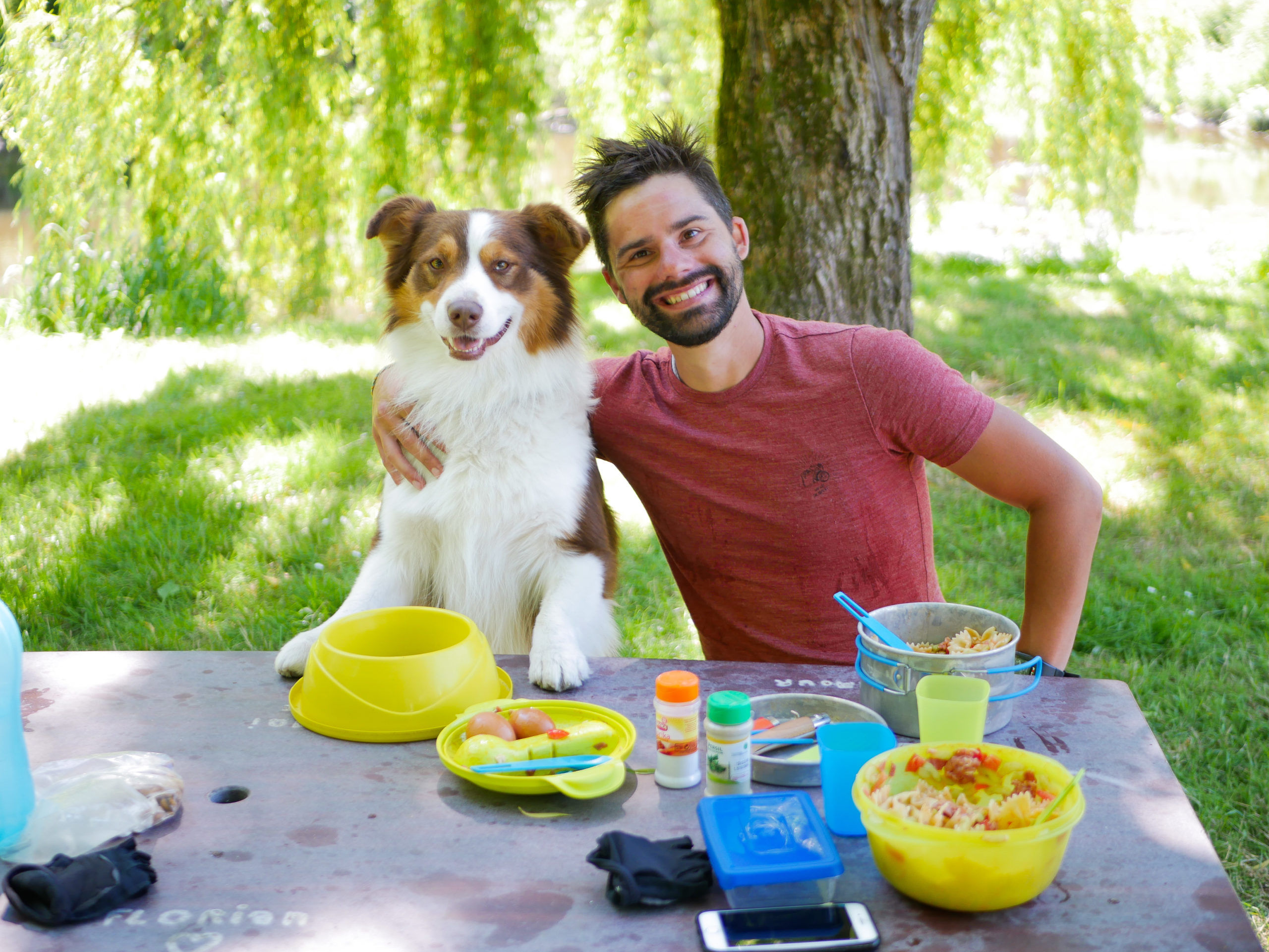 duo chien homme berger Australien pique nique